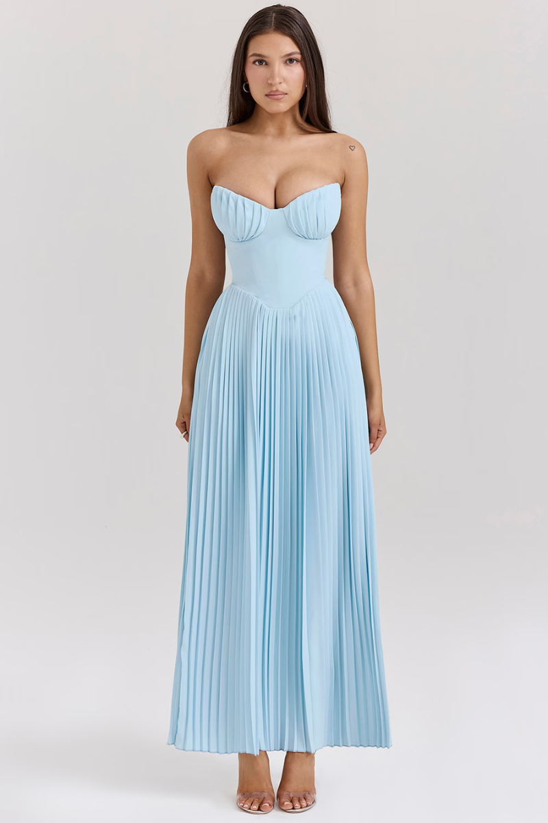 Charlotte - Elegant Strapless Pleated Blue Dress