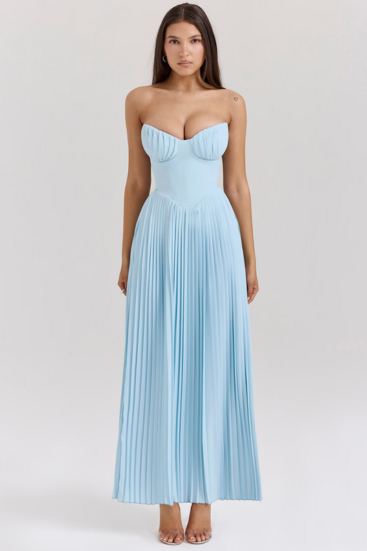 Charlotte - Elegant Strapless Pleated Blue Dress