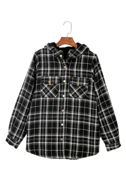 Plaid Pattern Sherpa Lined Hooded Jacket