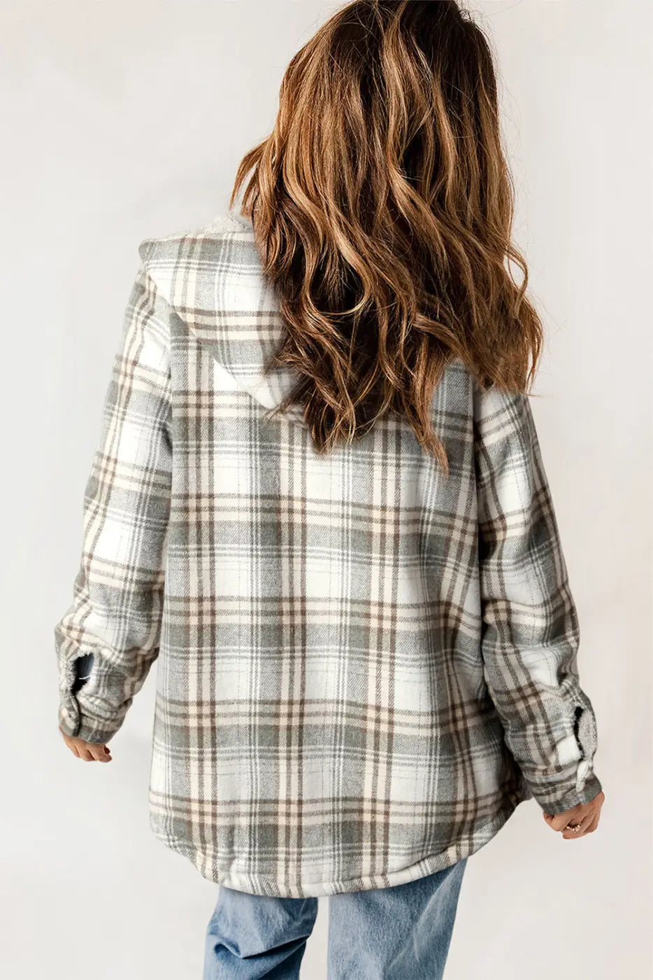 Plaid Pattern Sherpa Lined Hooded Jacket