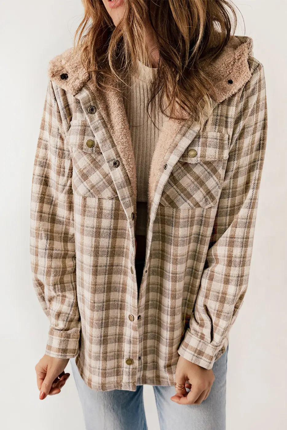 Plaid Pattern Sherpa Lined Hooded Jacket