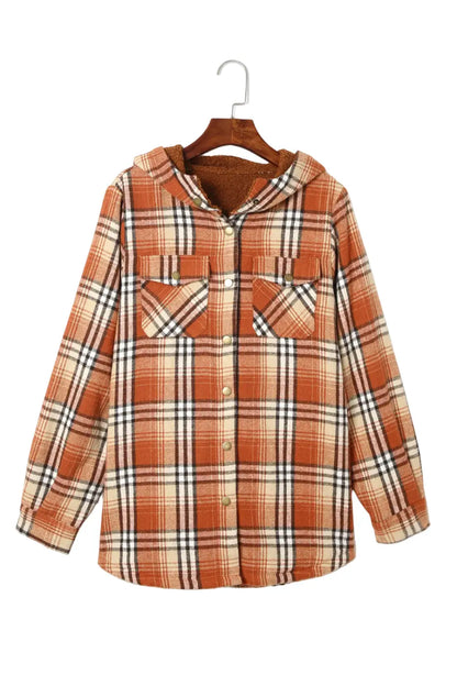 Plaid Pattern Sherpa Lined Hooded Jacket