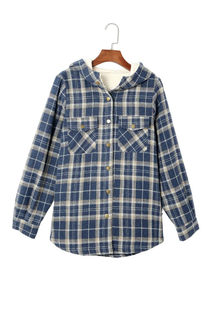 Plaid Pattern Sherpa Lined Hooded Jacket