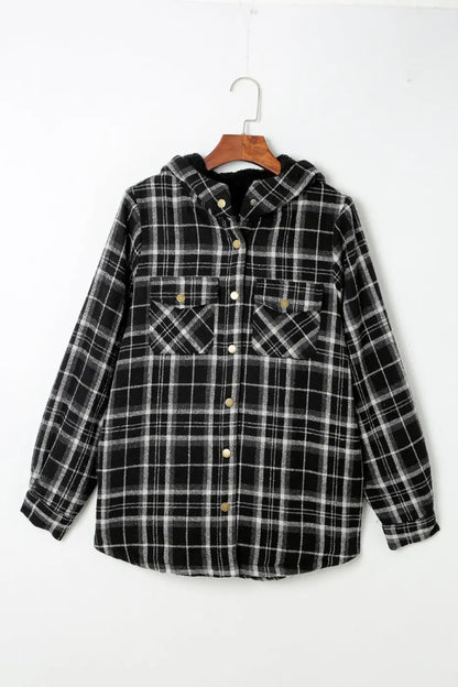 Plaid Pattern Sherpa Lined Hooded Jacket