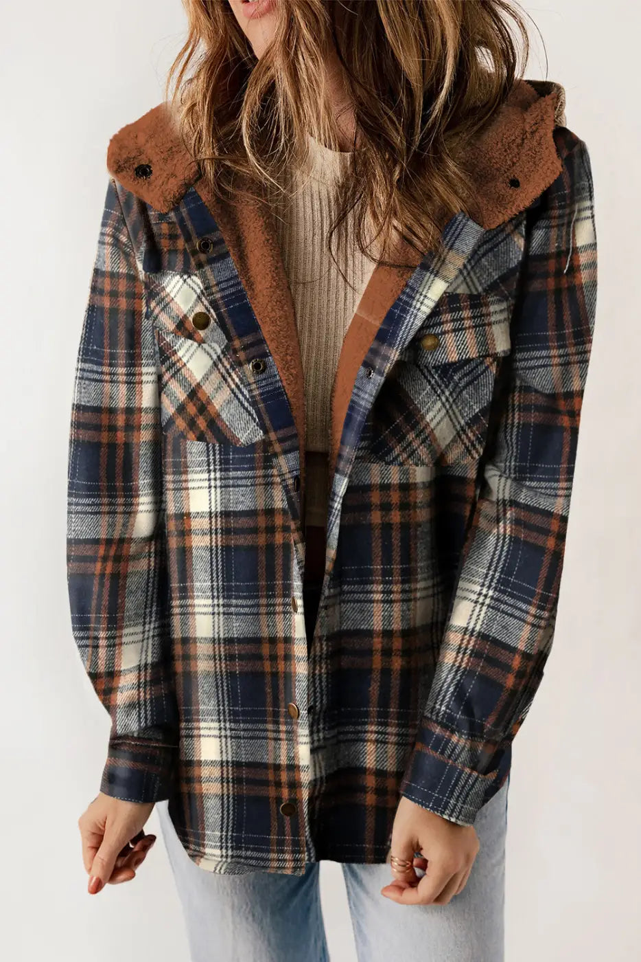 Plaid Pattern Sherpa Lined Hooded Jacket