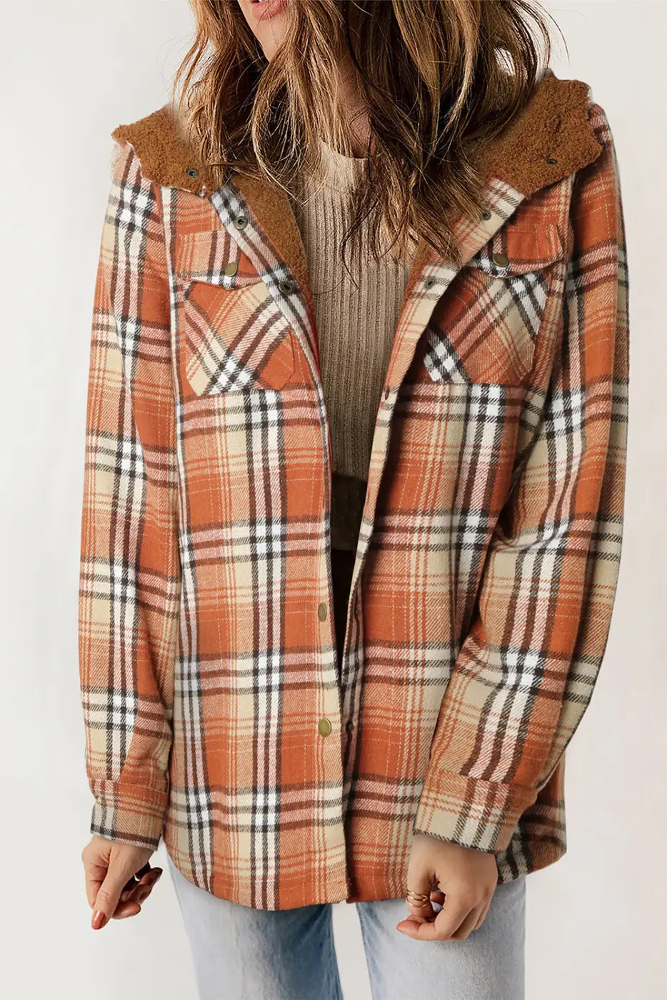 Plaid Pattern Sherpa Lined Hooded Jacket