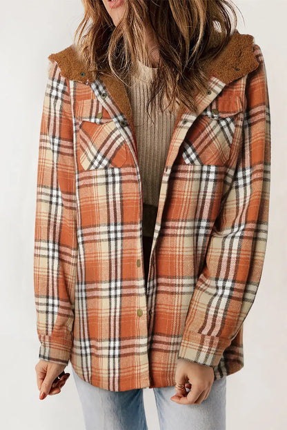 Plaid Pattern Sherpa Lined Hooded Jacket