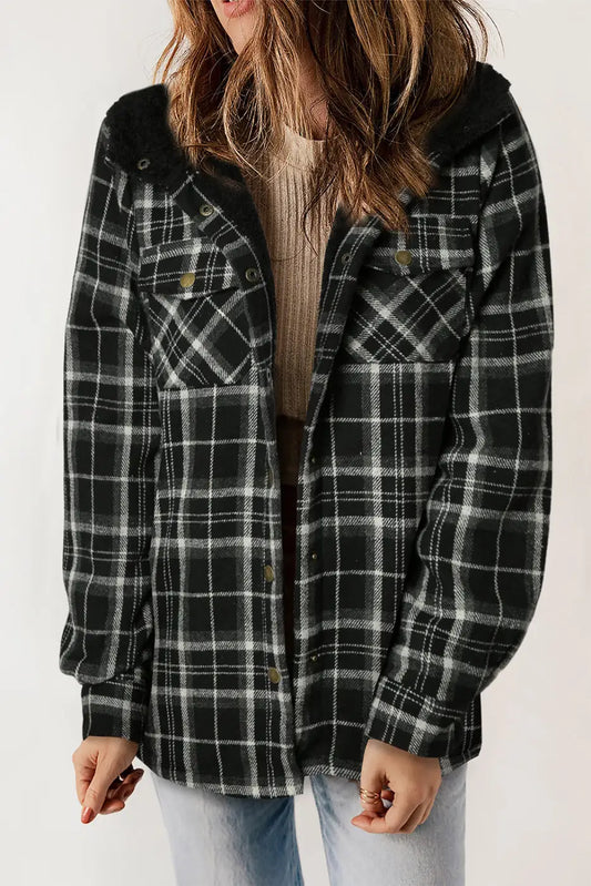 Plaid Pattern Sherpa Lined Hooded Jacket