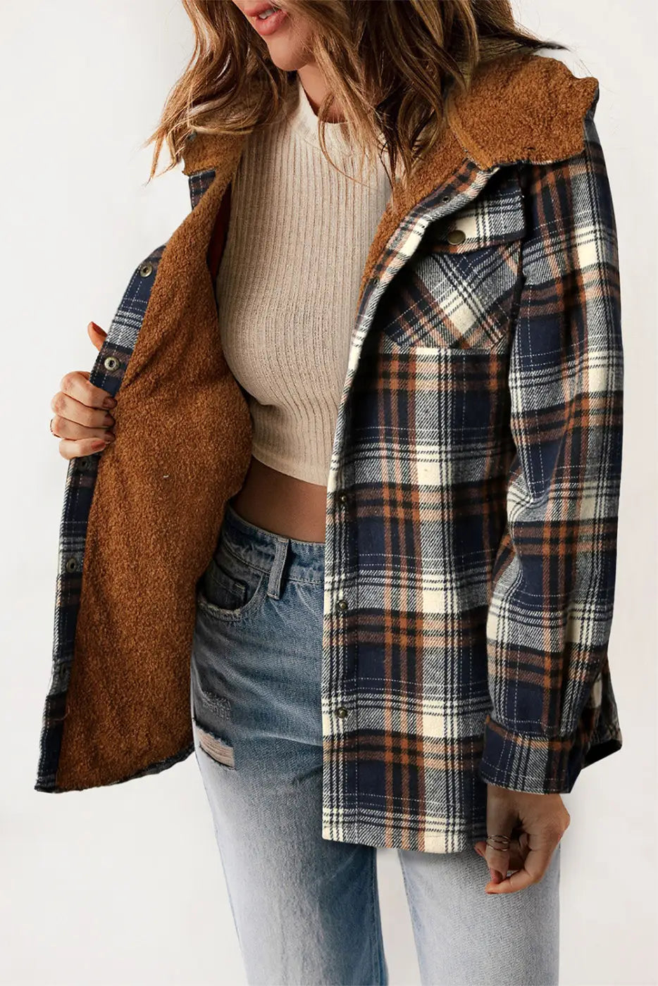 Plaid Pattern Sherpa Lined Hooded Jacket