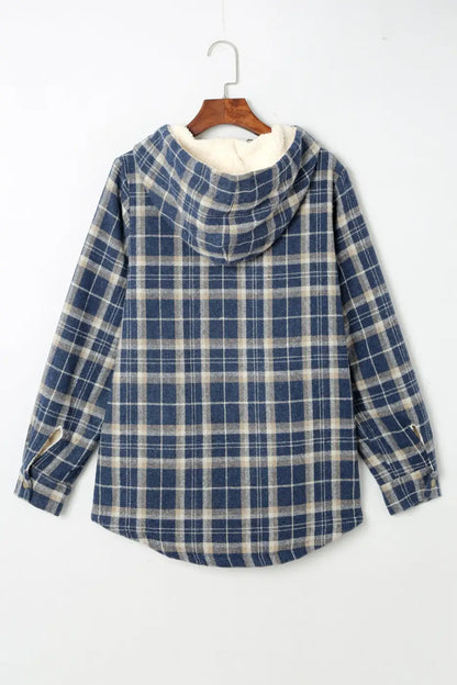 Plaid Pattern Sherpa Lined Hooded Jacket