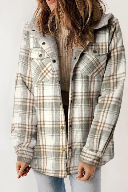 Plaid Pattern Sherpa Lined Hooded Jacket